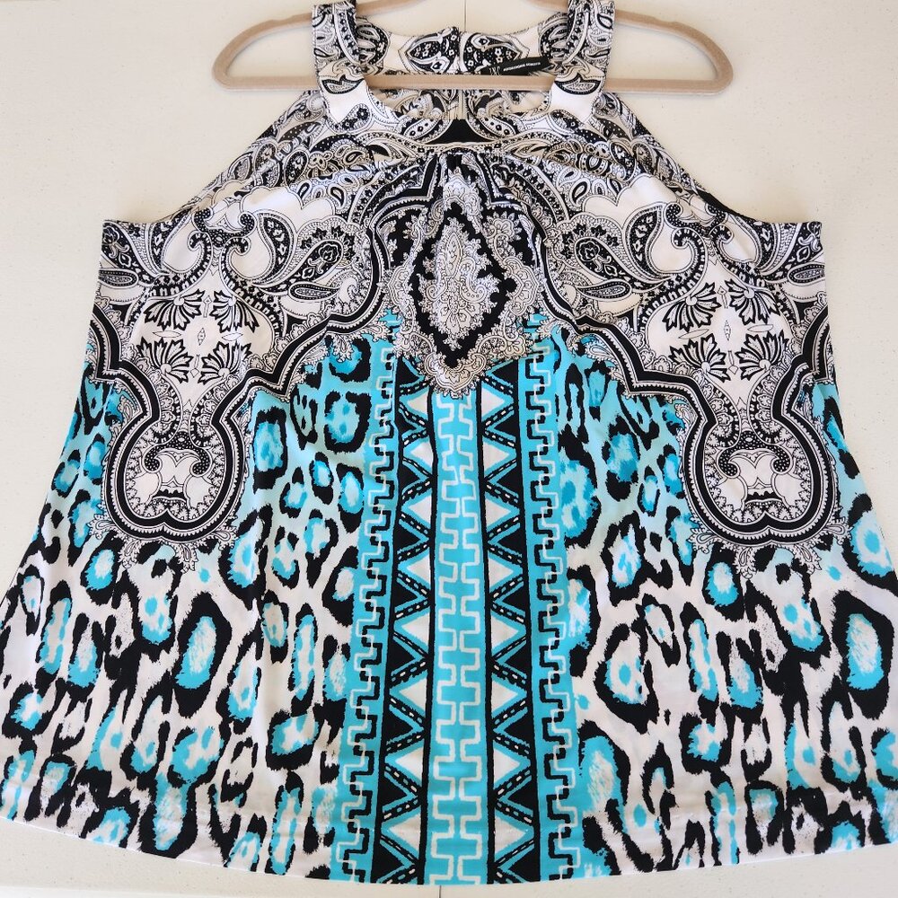 INC Halter Top, White with Black & Aqua Print, Plus Size 2X